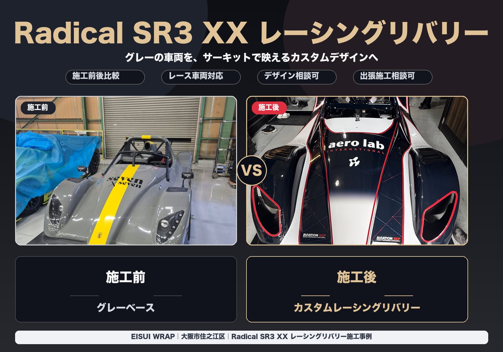 大阪市住之江区 Radical SR3 XX レーシングリバリー レース車両ラッピング施工事例 EISUI WRAP
