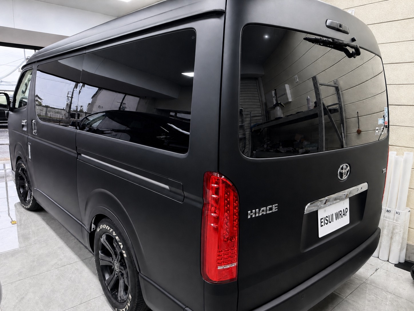 rear view and body finish of Toyota Hiace Color PPF Matte Black by EISUI WRAP Osaka